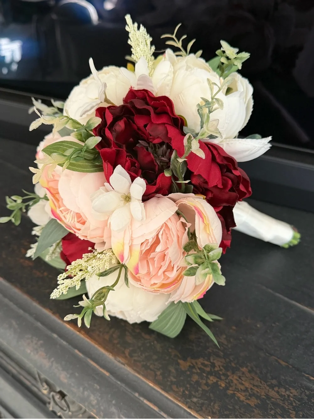 Silk Bridal/Bridesmaid Bouquet - Ivory, Blush & Burgundy Floral Arrangement
